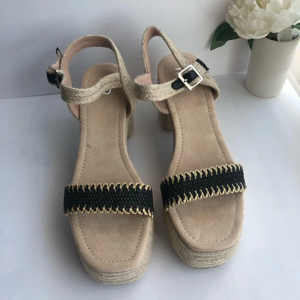 SALE🔥 SZ 11 Black Tan Cream Espadrille Boho Open Toe Chunky Platform Sandals